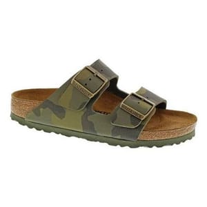 A camouflage-patterned Birkenstock sandal featuring two adjustable straps with buckles and a cork footbed for comfort.
