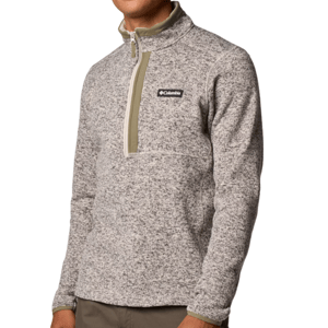 Columbia Sweater Weather Jacket is a heathered, zip-front fleece pullover with a high collar and a contrasting zipper panel and logo on the chest. Perfect for layering and providing warmth.