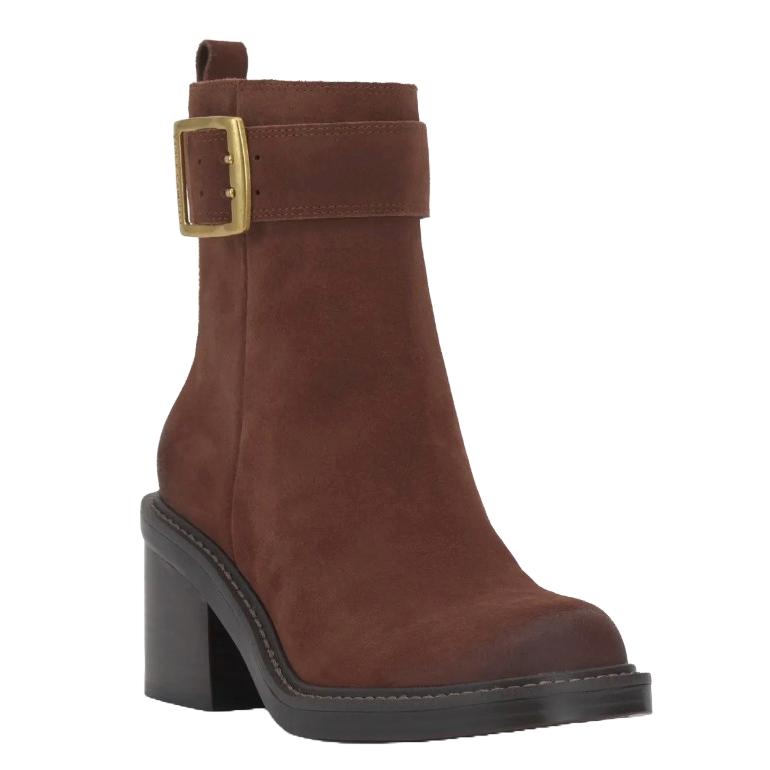 Brown suede ankle booties with a block heel, featuring a strap with a gold buckle around the ankle.