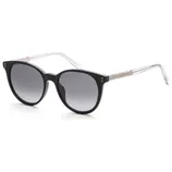 Black round sunglasses with dark tinted lenses and clear, textured arms.
