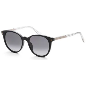 Black round sunglasses with dark tinted lenses and clear, textured arms.
