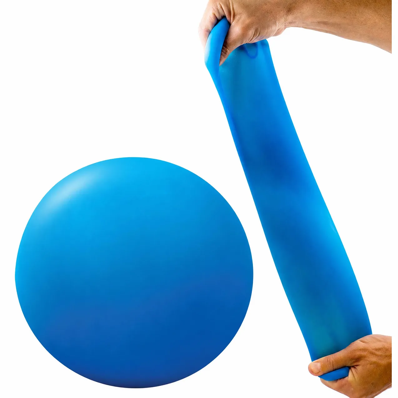 Blue exercise ball next to a hand pulling on a stretch-resistant blue band, commonly used in fitness routines for strength and flexibility training.
