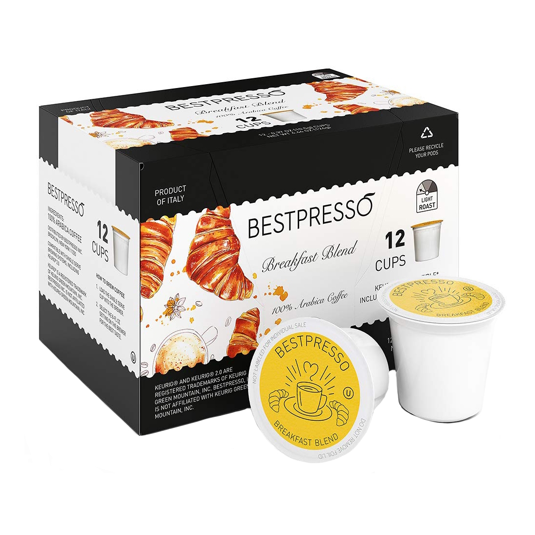 Bestpresso Breakfast Blend coffee pods, 12-count box, featuring 100% Arabica coffee in a light roast. Package includes illustrations of croissants and coffee, labeled as a product of Italy, and is compatible with Keurig machines.