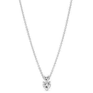 A silver chain necklace featuring a heart-shaped pendant with a diamond-like center piece.