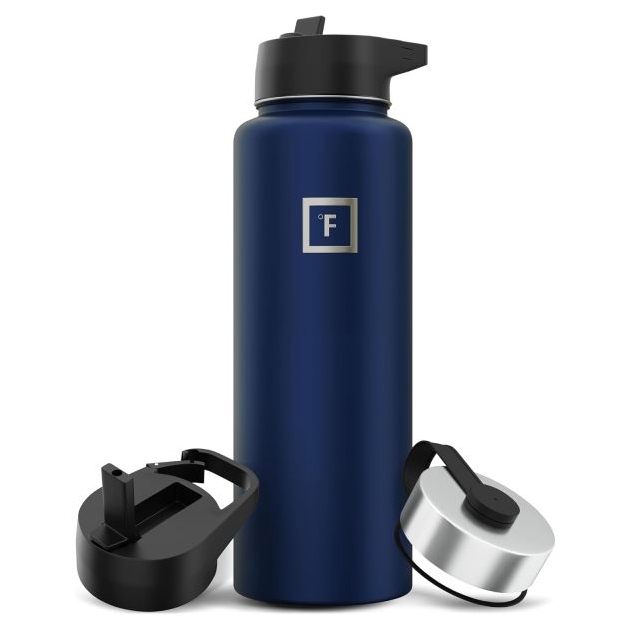 A blue 40oz insulated water bottle with a sleek design, featuring a flip-top lid and an additional silver cap with a handle. The bottle has a minimalist logo on its body.