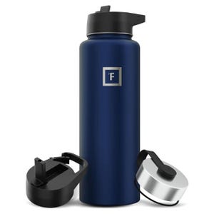 A blue 40oz insulated water bottle with a sleek design, featuring a flip-top lid and an additional silver cap with a handle. The bottle has a minimalist logo on its body.