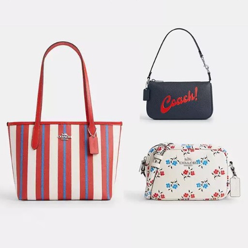 Two handbags on a plain background: left is a large tote with red, pink, and blue vertical stripes, right top is a small blue crossbody with 'Coach' logo, and right bottom is a white clutch with floral print.