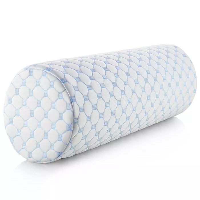 A cylindrical neck pillow with a patterned blue and white cover, designed for cooling and comfort with memory foam construction.