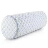 A cylindrical neck pillow with a patterned blue and white cover, designed for cooling and comfort with memory foam construction.
