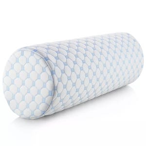 A cylindrical neck pillow with a patterned blue and white cover, designed for cooling and comfort with memory foam construction.