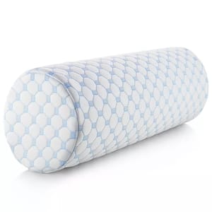 A cylindrical neck pillow with a patterned blue and white cover, designed for cooling and comfort with memory foam construction.
