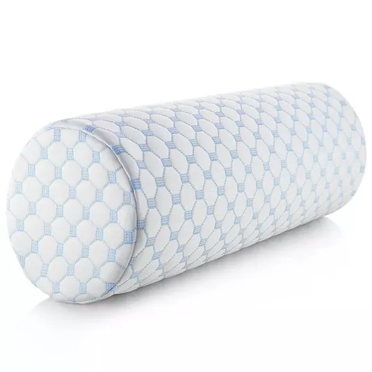 A cylindrical neck pillow with a patterned blue and white cover, designed for cooling and comfort with memory foam construction.