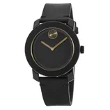 Sleek black watch with a minimalist design, featuring a black leather strap and a black round face with gold hands and a single gold dot at 12 o'clock.