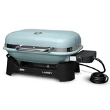 Electric grill with a light blue cover, featuring a black base, handle, and a flexible power cord on the right side. Brand name: Weber Lumin.
