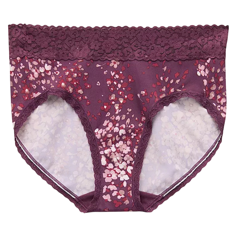 Purple lace-trimmed underwear with a floral pattern featuring various shades of pink and red.
