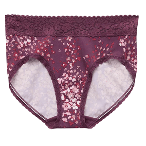 Purple lace-trimmed underwear with a floral pattern featuring various shades of pink and red.