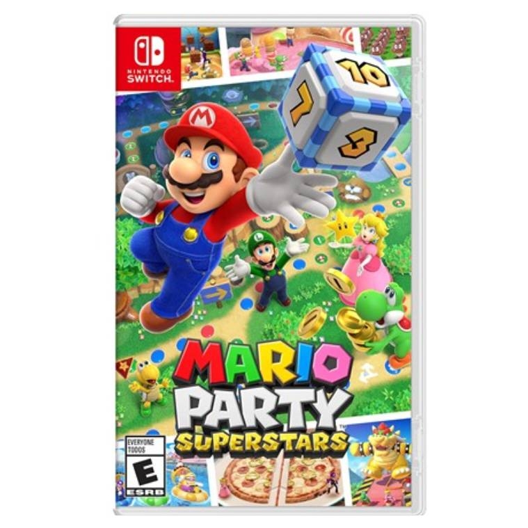 Mario Party Superstars for Nintendo Switch, featuring iconic characters like Mario, Luigi, and Princess Peach. Rated E for Everyone by the ESRB.