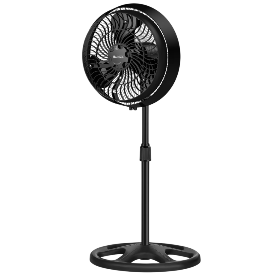 A black oscillating pedestal fan with an adjustable height and circular base, featuring a mesh grille and a central logo on the front.