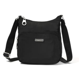 A black crossbody Baggallini Joey Bagg with an adjustable strap, a front zipper pocket, and a branded logo plaque.