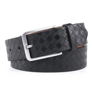 A black split leather belt with a woven texture, featuring a silver rectangular buckle.