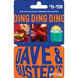 Dave & Buster's gift card, valued at $15-$250, featuring images of a burger with fries, arcade games, and a blue cocktail.