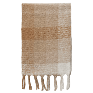 A soft, woven plaid blanket scarf featuring a mix of beige and brown tones with a subtle checker pattern and fringed edges.