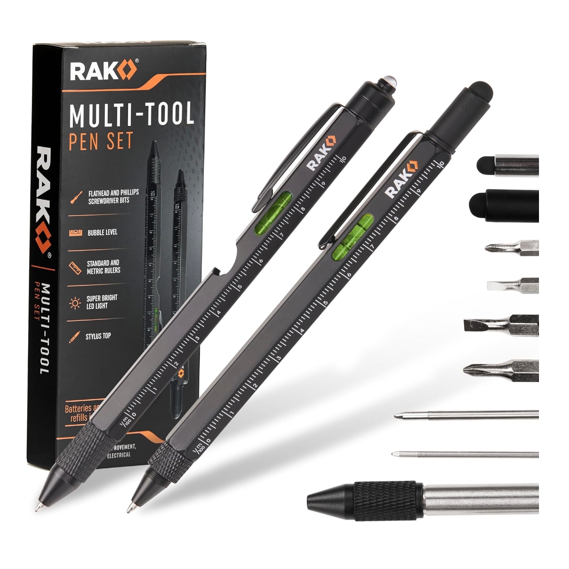 2pk 8-in-1 multi-tool pens include flathead and Phillips screwdriver bits, bubble level, ruler, stylus top, and LED light.