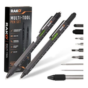 2pk 8-in-1 multi-tool pens include flathead and Phillips screwdriver bits, bubble level, ruler, stylus top, and LED light.
