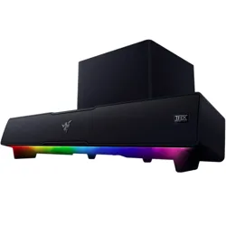 A black Razer soundbar with THX Spatial Audio and RGB lighting underneath.