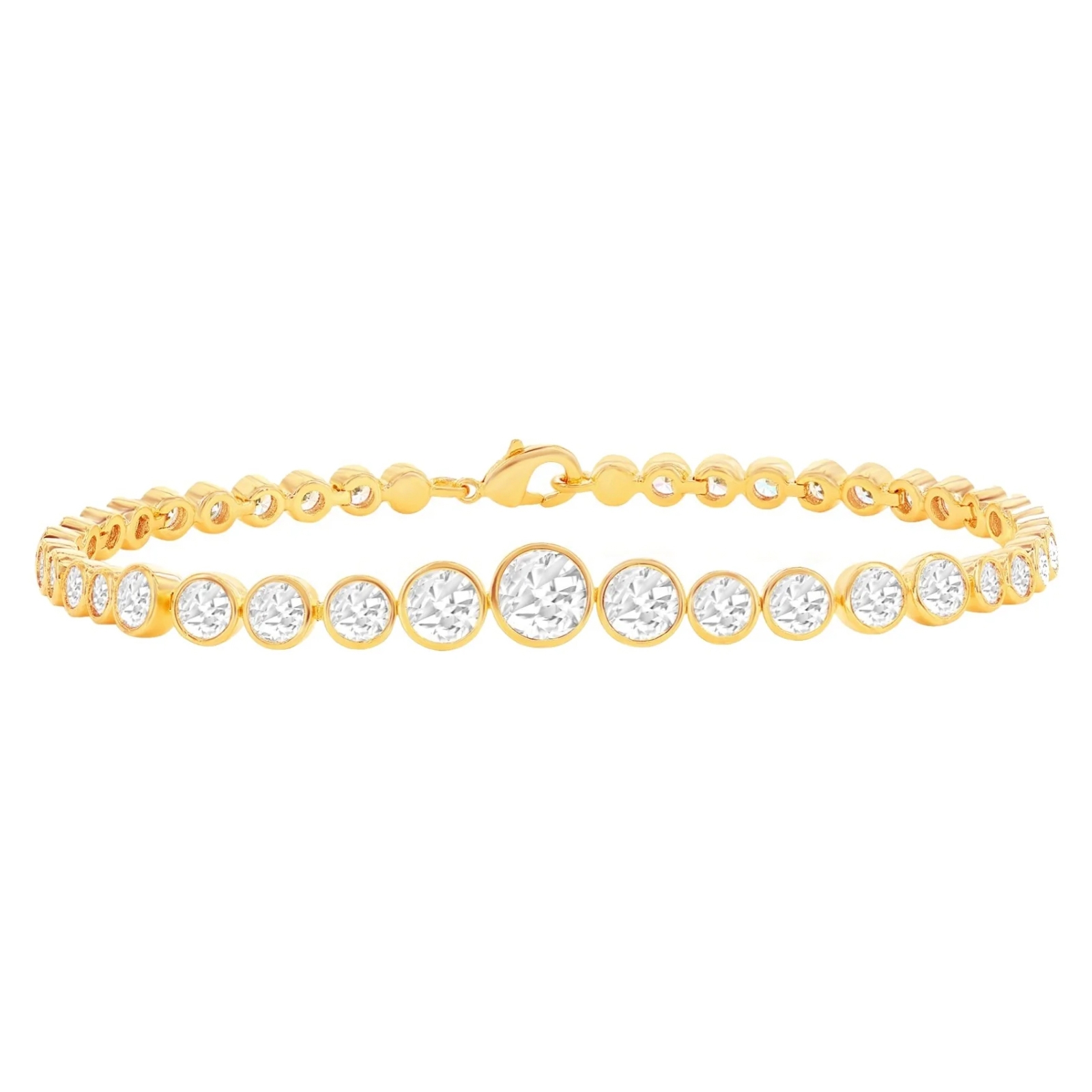Gold tennis bracelet with round-cut stones set in individual bezel settings.