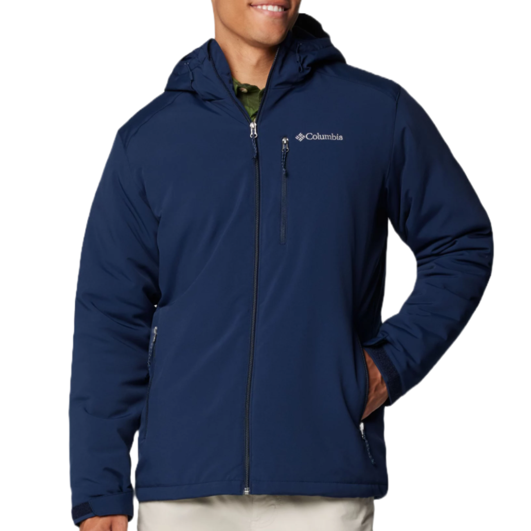Columbia Hooded Softshell Jacket in navy blue, featuring a front zipper, zippered side pockets, and a zippered chest pocket. The jacket includes a hood and logo on the chest.
