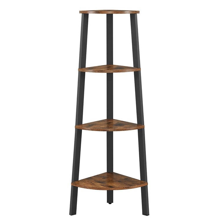 A 4-tier corner shelf with black metal legs and brown wooden shelves. The triangular design fits snugly into corners, providing a rustic and space-saving storage solution.