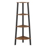 A 4-tier corner shelf with black metal legs and brown wooden shelves. The triangular design fits snugly into corners, providing a rustic and space-saving storage solution.