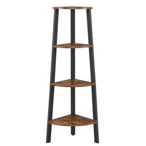 A 4-tier corner shelf with black metal legs and brown wooden shelves. The triangular design fits snugly into corners, providing a rustic and space-saving storage solution.