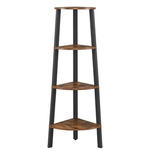 A 4-tier corner shelf with black metal legs and brown wooden shelves. The triangular design fits snugly into corners, providing a rustic and space-saving storage solution.