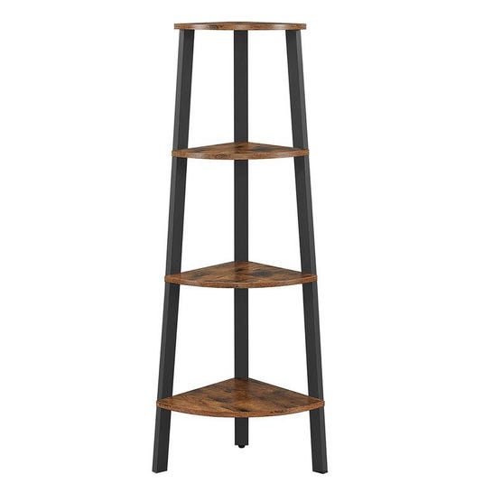 A 4-tier corner shelf with black metal legs and brown wooden shelves. The triangular design fits snugly into corners, providing a rustic and space-saving storage solution.