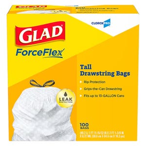 GLAD ForceFlex Tall Drawstring Bags with Leak Protection, suitable for 13-gallon cans, pack of 100.