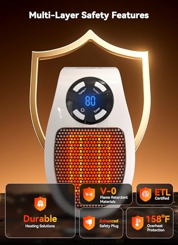 Space heater with multi-layer safety features: flame retardant materials, ETL certification, enhanced safety plug, and 158°F overheat protection.