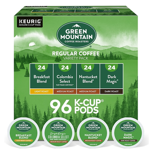 Green Mountain Coffee Roasters Regular Coffee Variety Pack with 96 K-Cup pods includes 24 each of Breakfast Blend (light roast), Colombia Select (medium roast, Fair Trade certified), Nantucket Blend (medium roast), and Dark Magic (dark roast).
