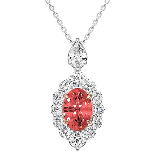 Elegant pendant necklace featuring an oval salmon-colored gemstone surrounded by clear, round-cut stones set in a detailed metal design on a delicate chain.