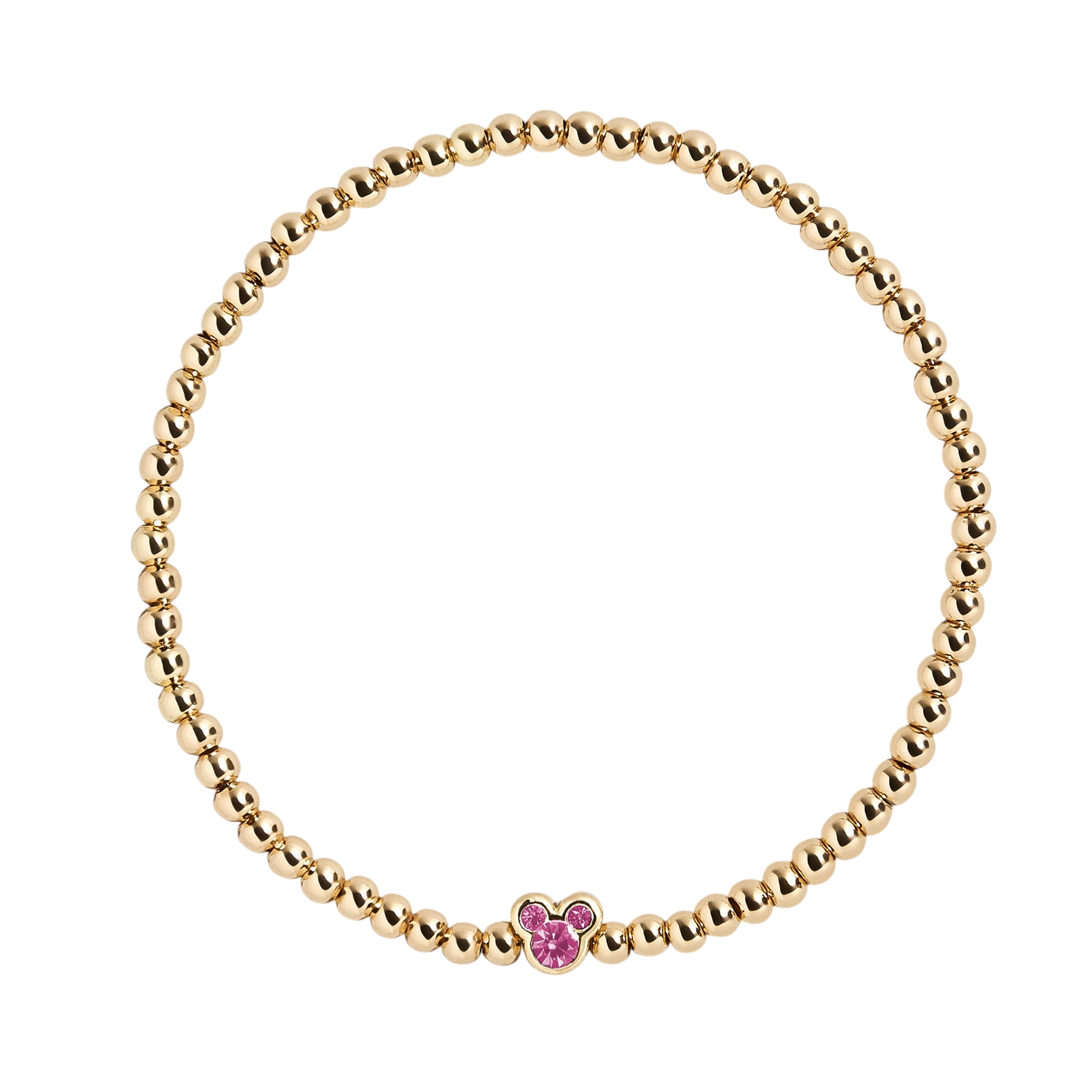 Gold beaded bracelet featuring a small Mickey Mouse-shaped charm with pink stones.