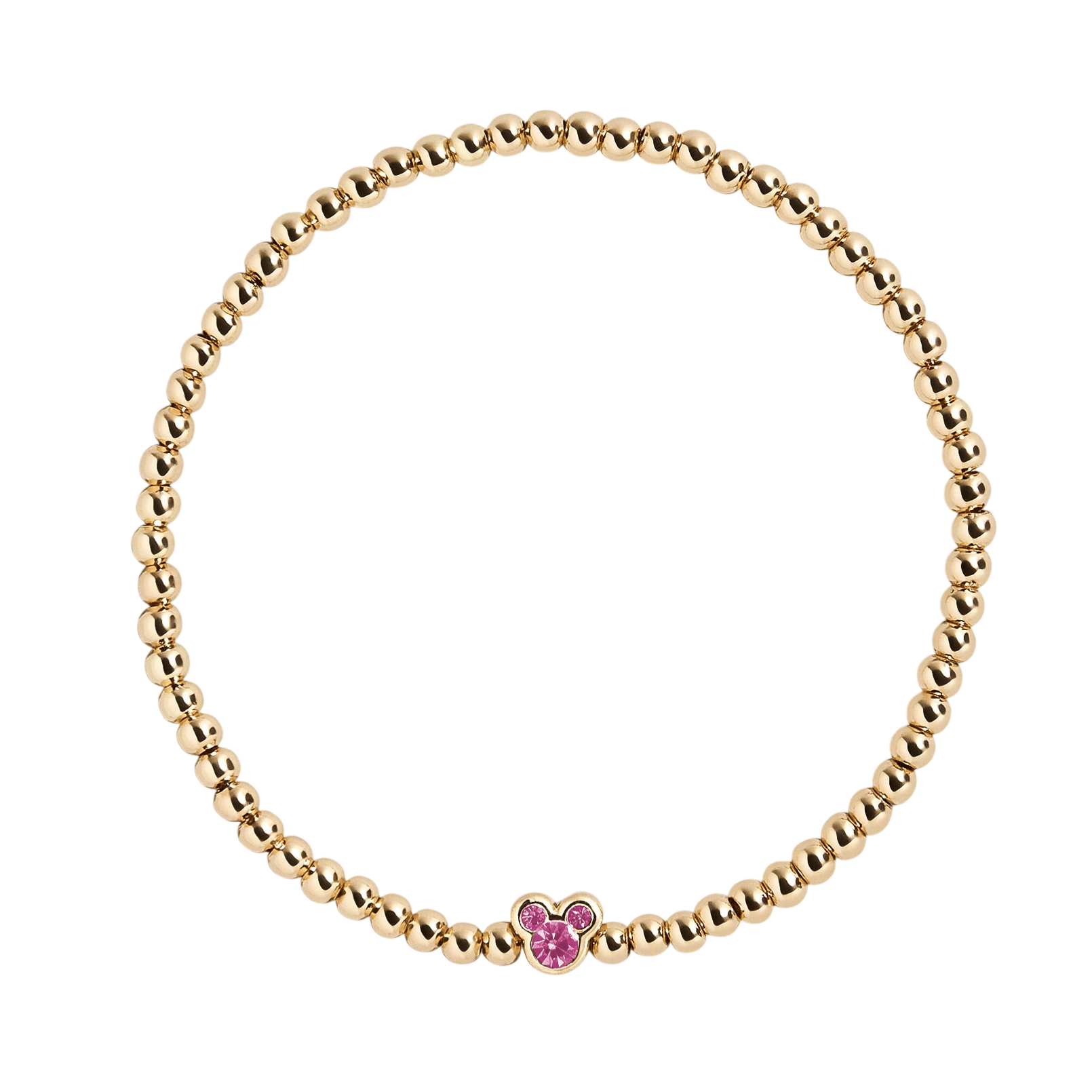 Gold beaded bracelet featuring a small Mickey Mouse-shaped charm with pink stones.