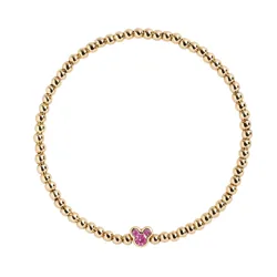 Gold beaded bracelet featuring a small Mickey Mouse-shaped charm with pink stones.