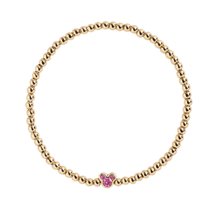 Gold beaded bracelet featuring a small Mickey Mouse-shaped charm with pink stones.