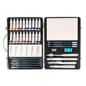 60-piece art set with acrylic paint tubes, mixing palette, brushes, sketch pencils, eraser, sharpener, white paper pad, and plastic palette knives, all organized in a portable metal case.