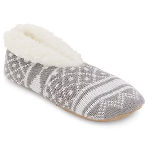 Mixit Women's Slipper Socks feature a gray and white knit design with a soft, plush lining. They have a slip-on style for easy wear and a cushioned sole for comfort.