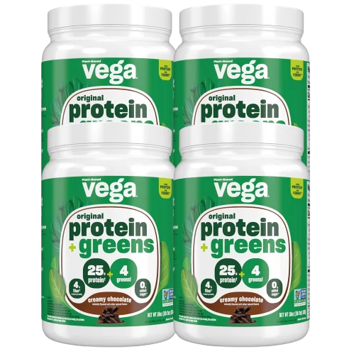 Vega Original Protein & Greens creamy chocolate flavor is shown, highlighting 25g of protein, 4g of greens, and non-GMO certification. Four containers are grouped together, featuring a plant-based formulation.
