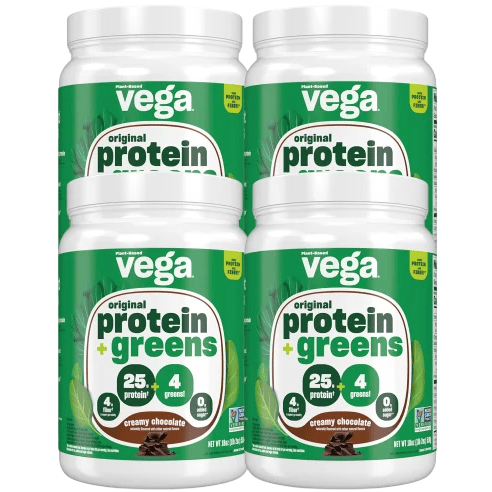 Vega Original Protein & Greens creamy chocolate flavor is shown, highlighting 25g of protein, 4g of greens, and non-GMO certification. Four containers are grouped together, featuring a plant-based formulation.