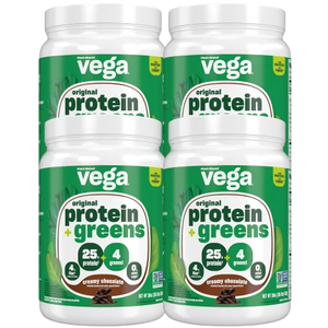 Vega Original Protein & Greens creamy chocolate flavor is shown, highlighting 25g of protein, 4g of greens, and non-GMO certification. Four containers are grouped together, featuring a plant-based formulation.