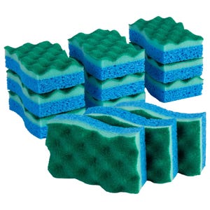 A 12-pack of Scrub-It sponges with a stacked design, featuring a green scouring top layer and a blue absorbent sponge base, ideal for cleaning various surfaces.